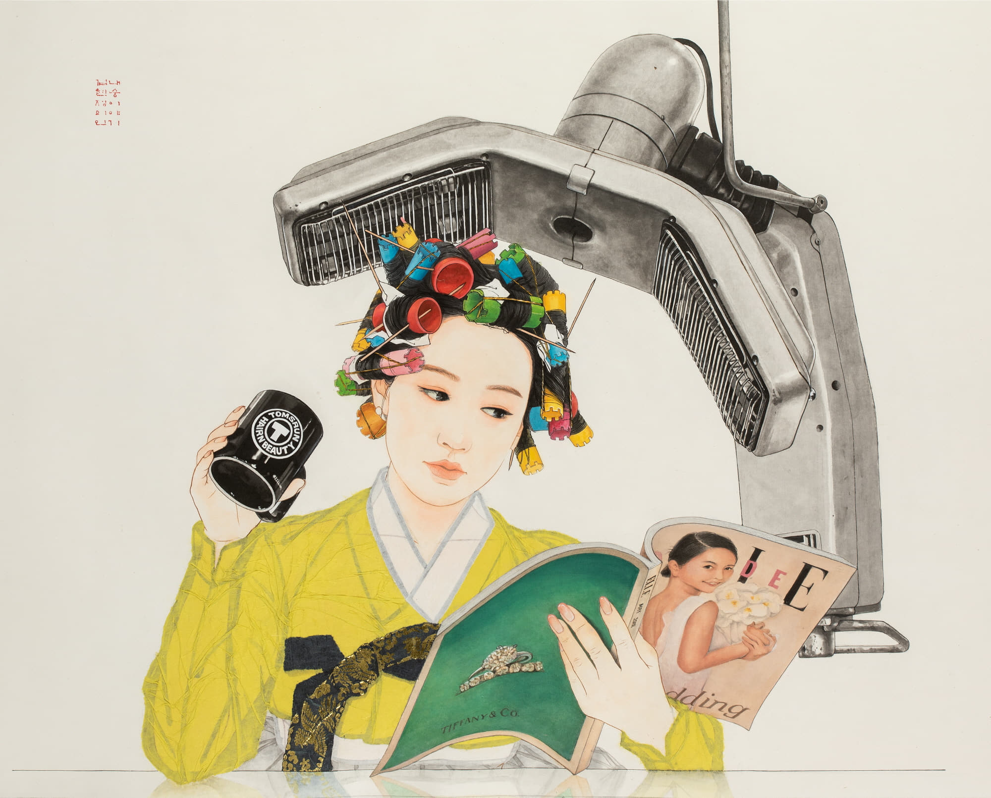 김현정, 결혼: 탐스런 헤어, 2019, 한지위에 수묵과 담채, 콜라쥬, 64x82cm