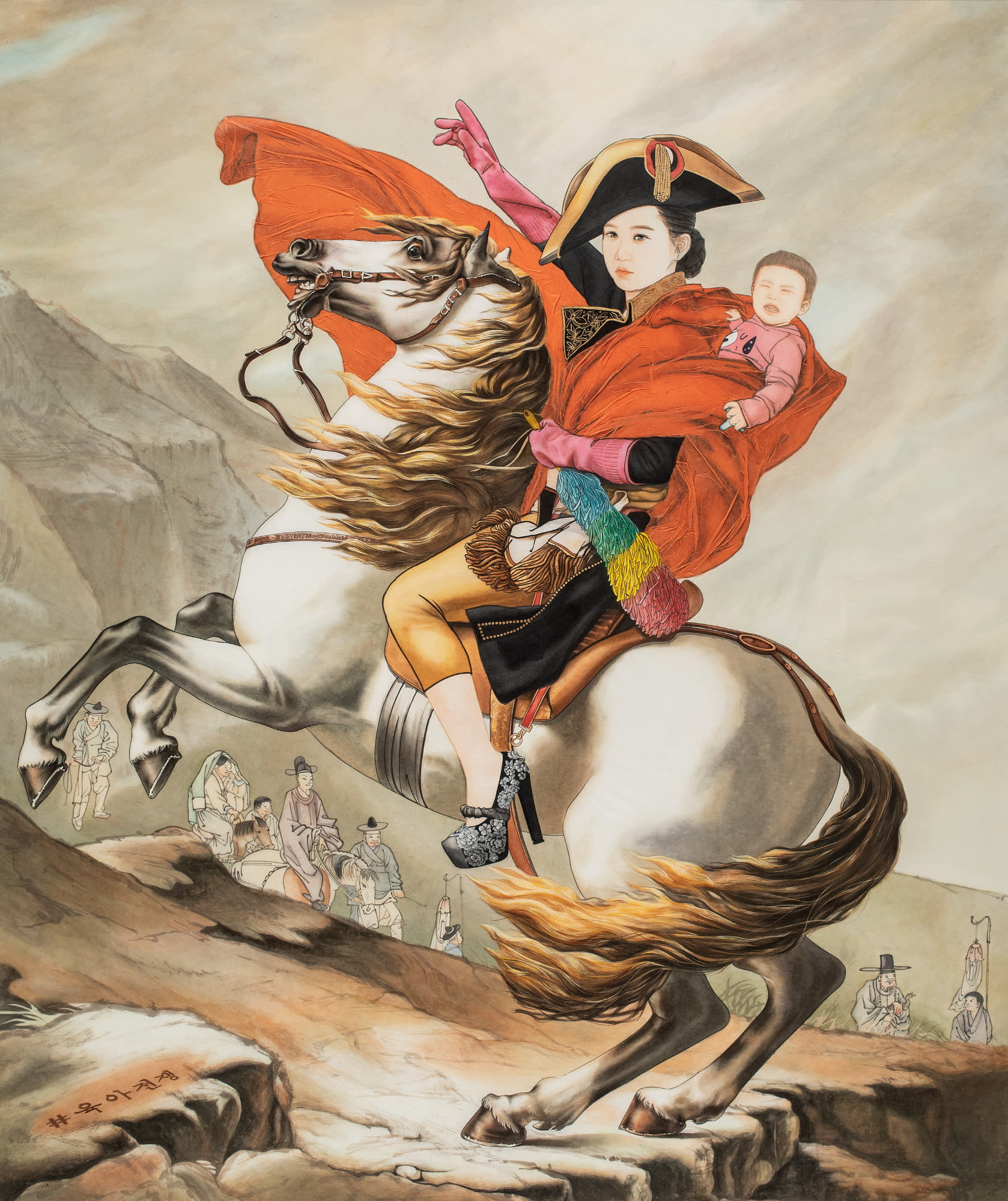 김현정, 결혼 : 육아전쟁, 2019, 한지위에 수묵과 담채, 콜라쥬, 135x113cm