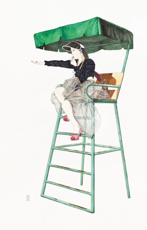 김현정, 내숭 : 심판위의 독재자, 킴, 2013, 한지위에 수묵과 담채, 콜라쥬, 190x120cm