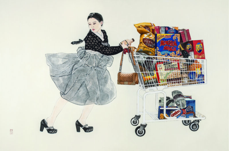 김현정, 내숭 : 달콤한 속삭임, 2016, 한지위에 수묵과 담채, 콜라쥬, 120x176cm