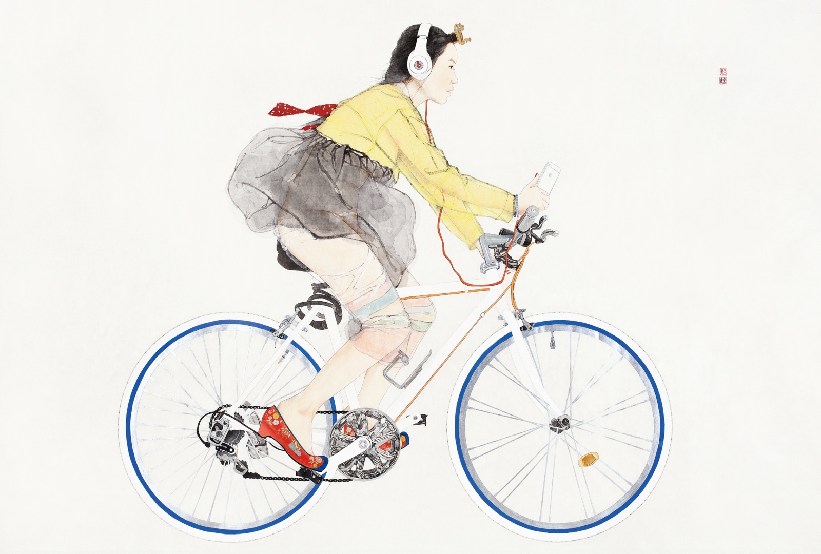 〈내숭: 제니티스〉, 128×188cm, 한지 위에 수묵과 담채, 콜라쥬, 2013. (출처: 김현정 아트센터)