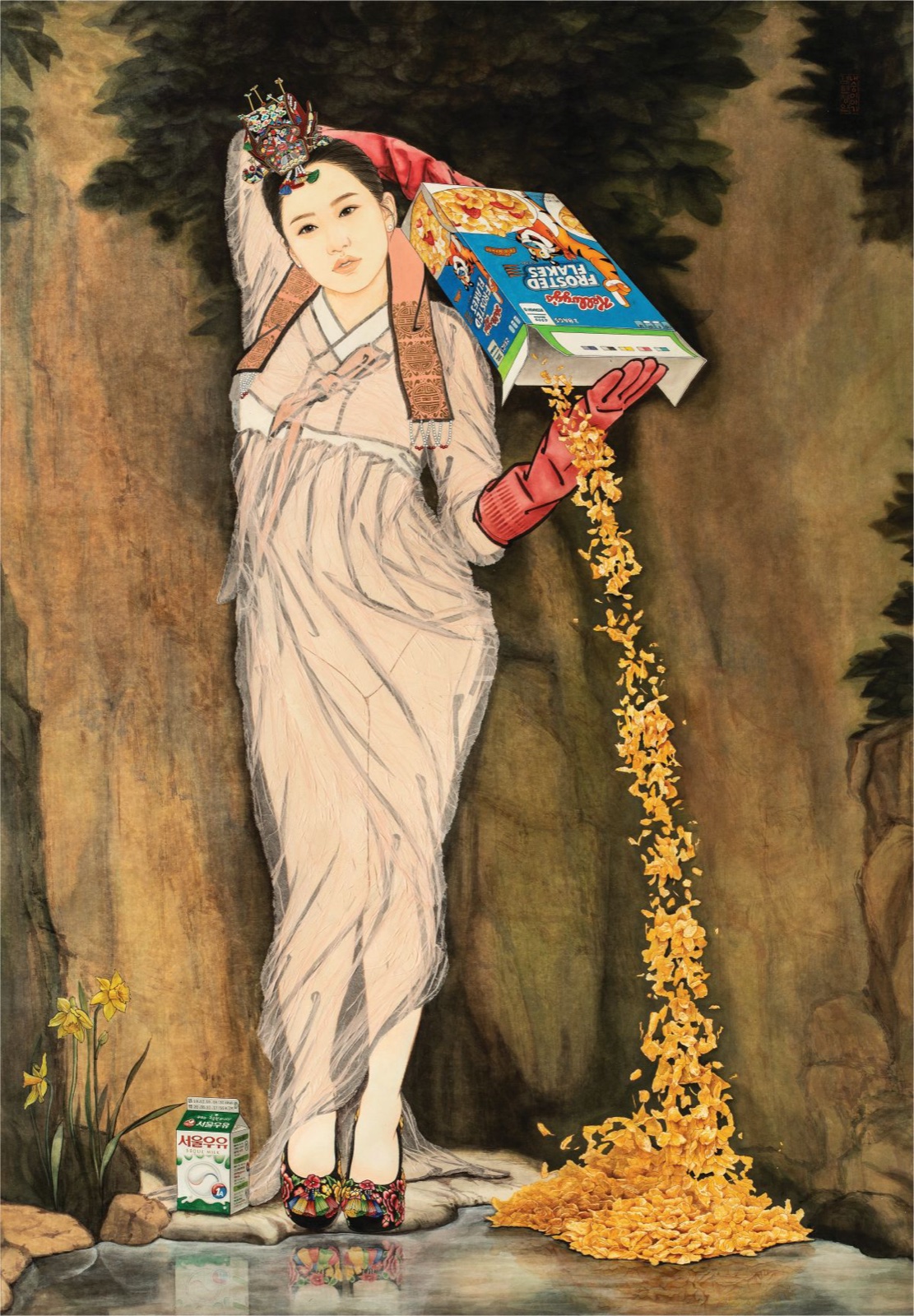 〈결혼: 아침을 여는 샘〉, 177x121cm, 한지 위에 수묵과 담채, 콜라쥬, 2020. (출처: 김현정 아트센터)