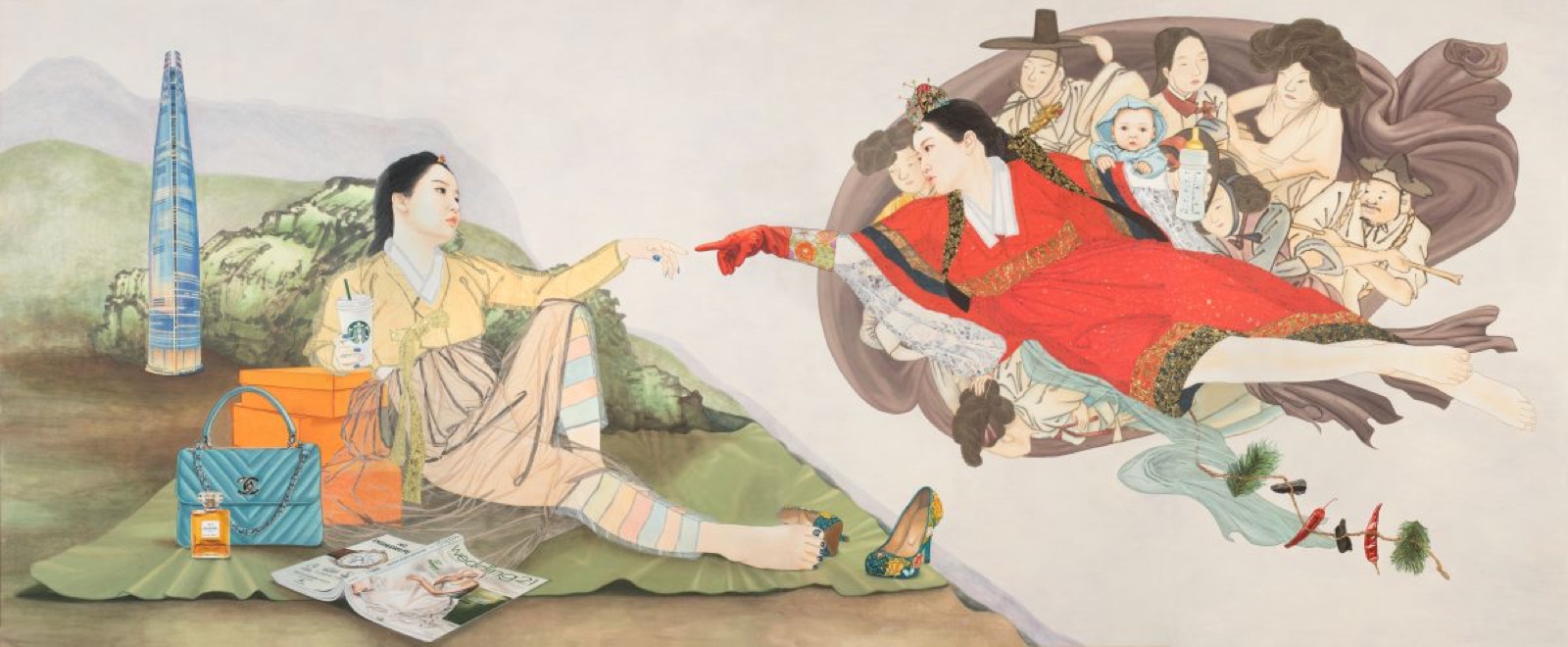 〈결혼: 천지차이〉, 199x428cm, 한지 위에 수묵과 담채, 콜라쥬, 2019. (출처: 김현정 아트센터)