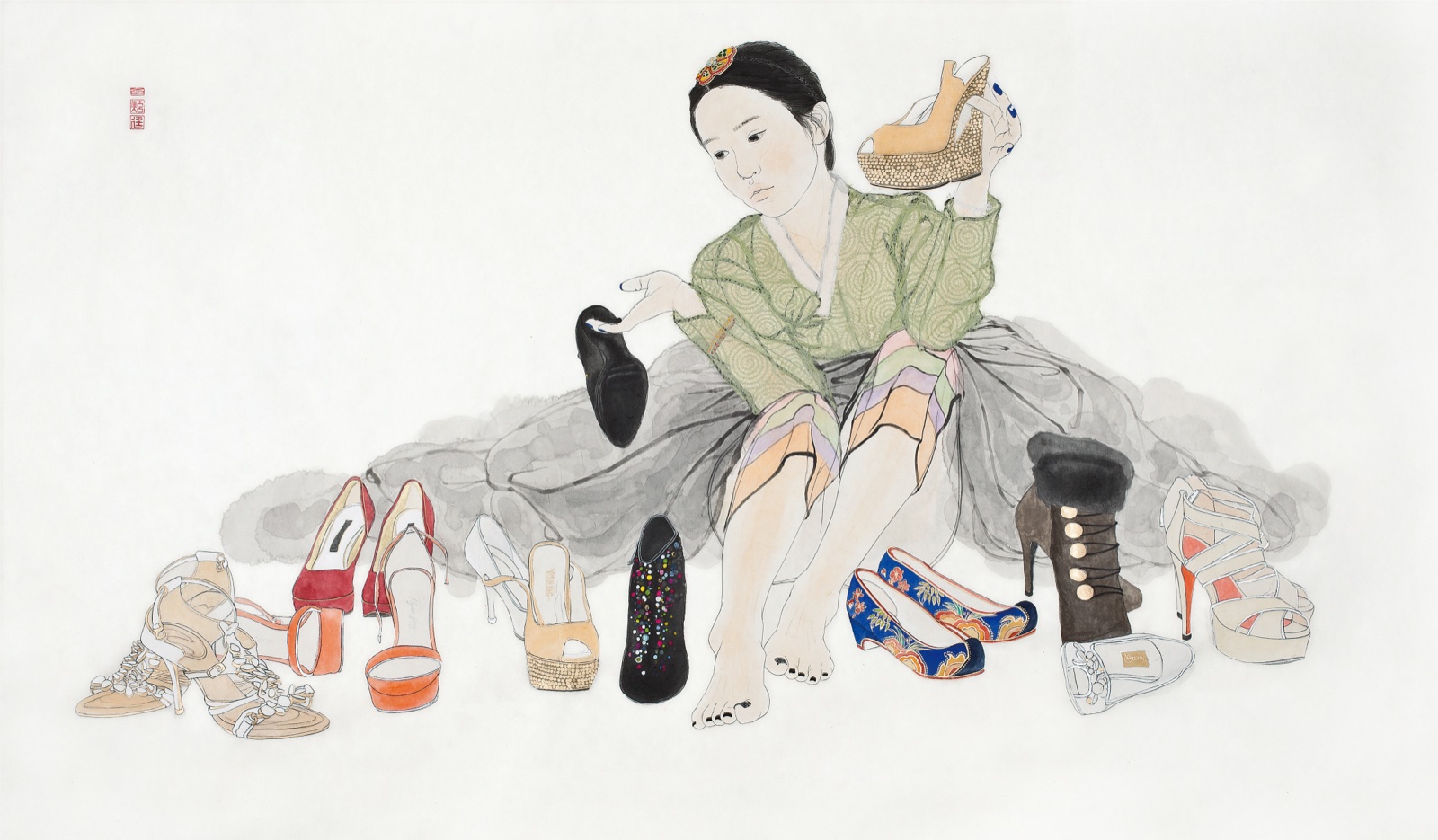 〈내숭: 공(空)〉, 110 x 180 cm, 한지 위에 수묵과 담채, 콜라쥬, 2013. (출처: 김현정 아트센터)