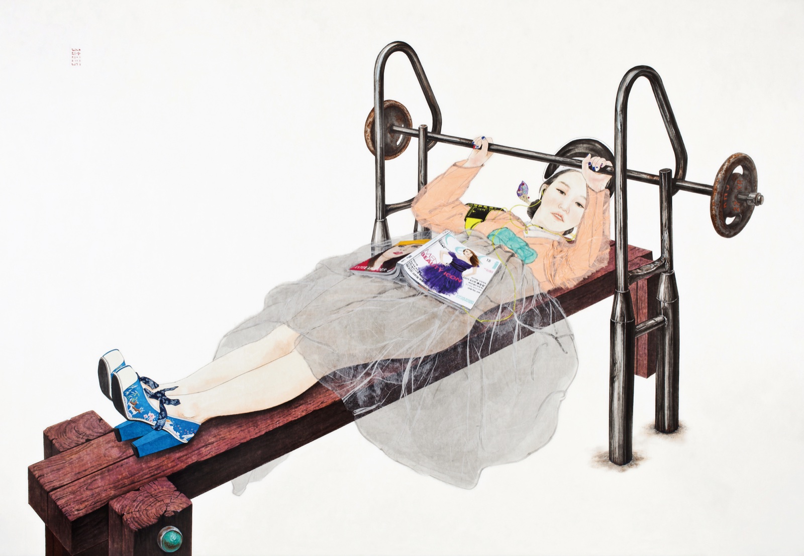 〈내숭: 스물일곱, 세월의 무게〉, 130 x 189 cm, 한지 위에 수묵과 담채, 콜라쥬, 2014. (출처: 김현정 아트센터)