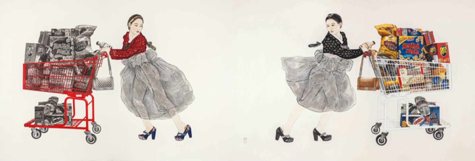 〈내숭: 달콤한 속삭임(feat.한도초과)〉, 좌우 각각 120x176cm, 한지 위에 수묵과 담채, 콜라쥬,2016. (출처: 김현정 아트센터)